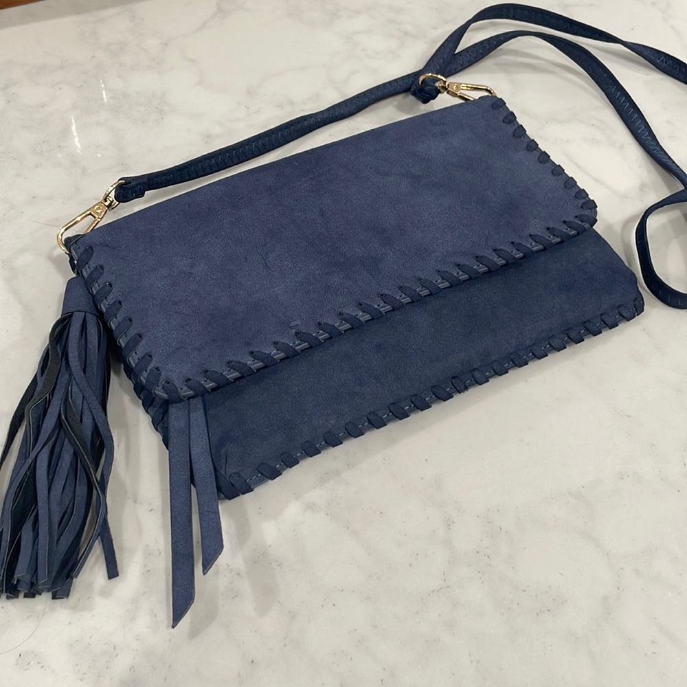 Blue suede cross body bag